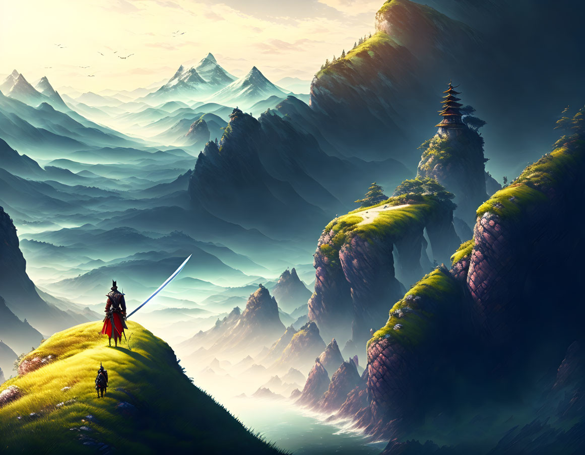 Warrior with sword on grassy cliff overlooking misty mountains and pagoda