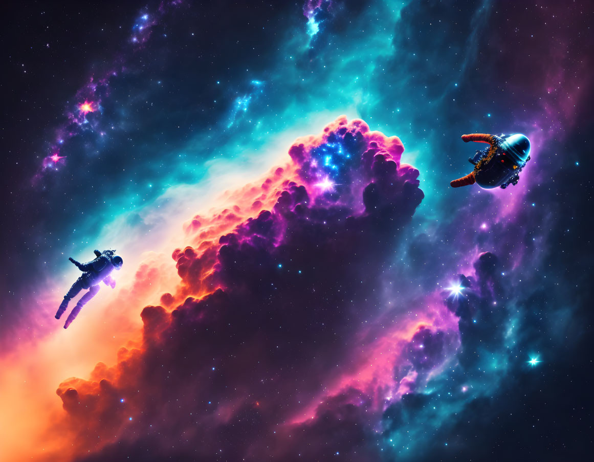 Astronauts floating in space with colorful nebula and stars