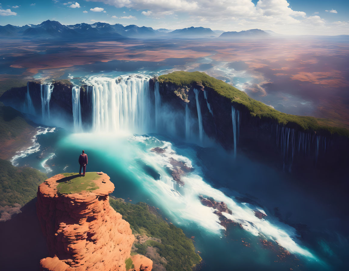 Person on Cliff Overlooking Massive Waterfall and Dramatic Sky