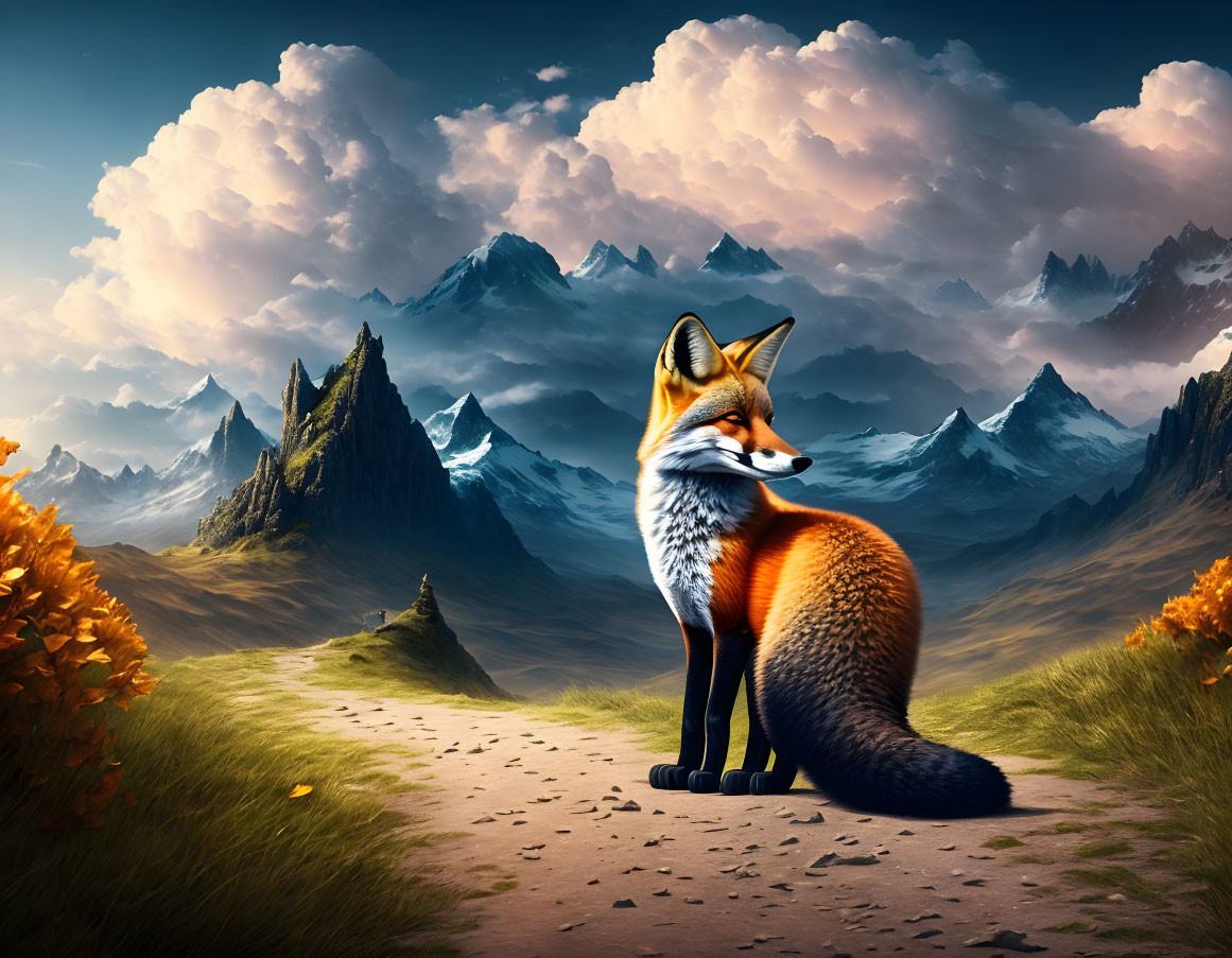 Fox in autumn landscape with mountains and clouds