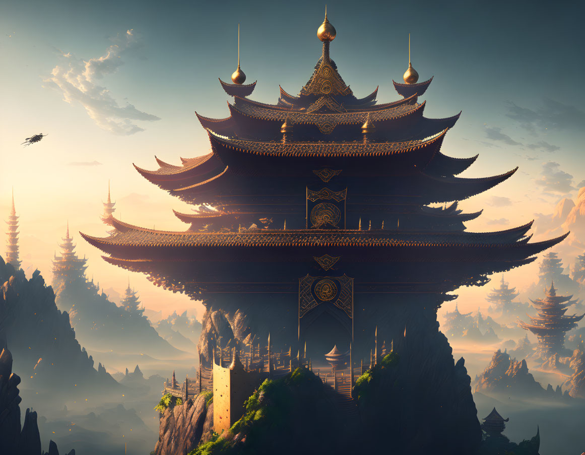 Ancient-style pagoda in mountainous landscape with floating islands
