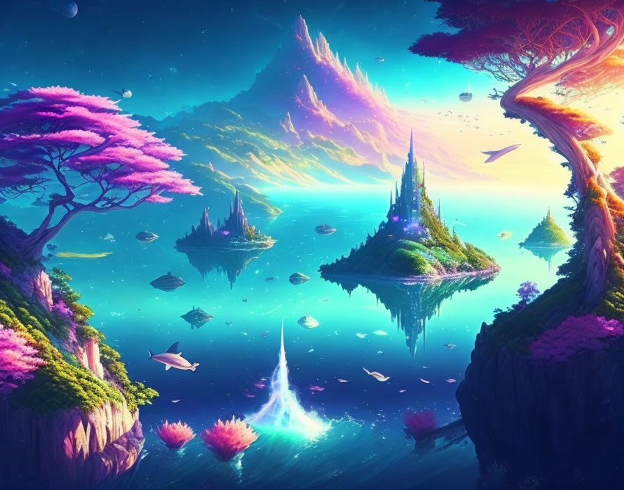 Colorful Fantasy Landscape with Floating Islands and Twilight Sky