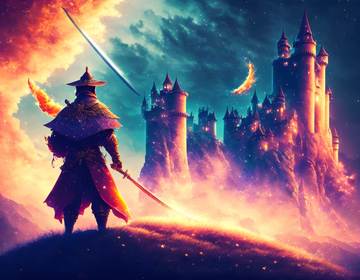 Armored knight gazes at castle under cosmic sky