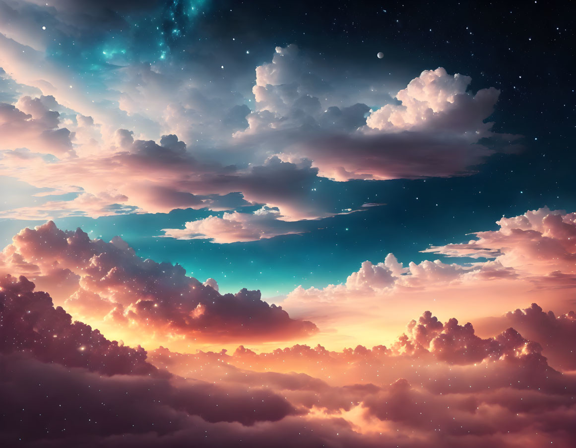 Colorful sunset sky with merging clouds and stars.