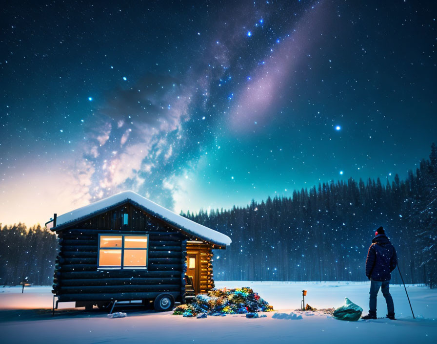 Cozy cabin scene on snowy night with starlit sky