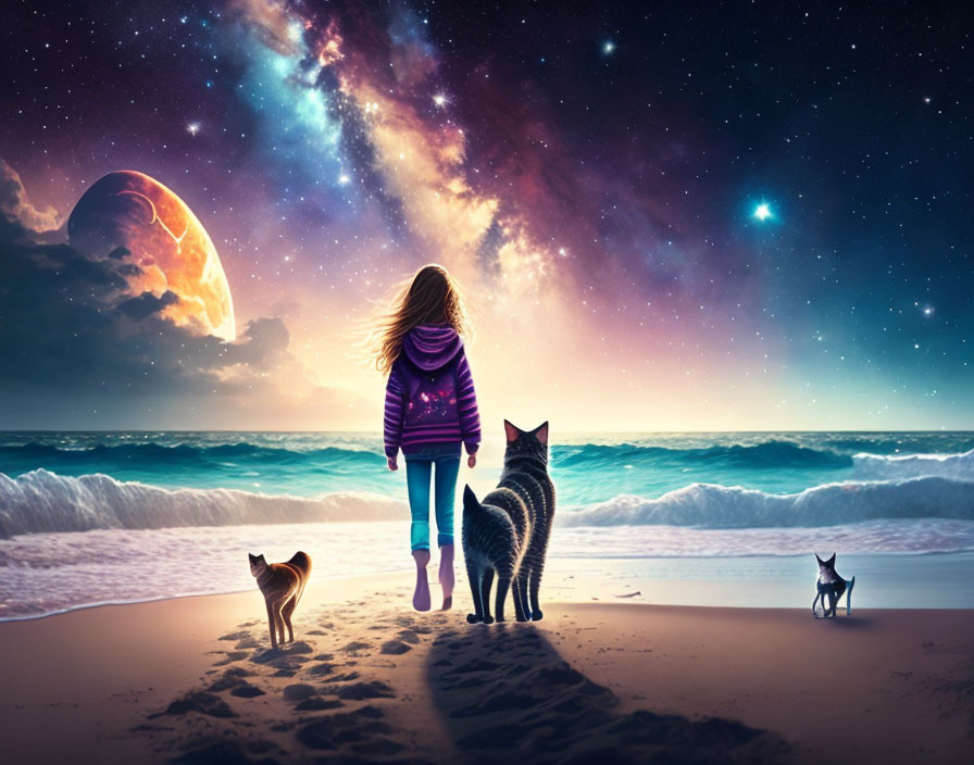 Girl with Cat and Dogs on Beach Under Cosmic Sky