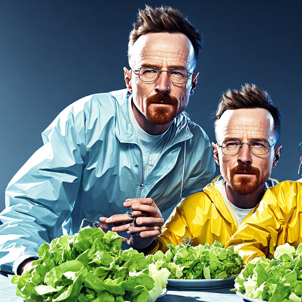 Identical Men in Blue and Yellow Outfits Surrounded by Lettuce Heads
