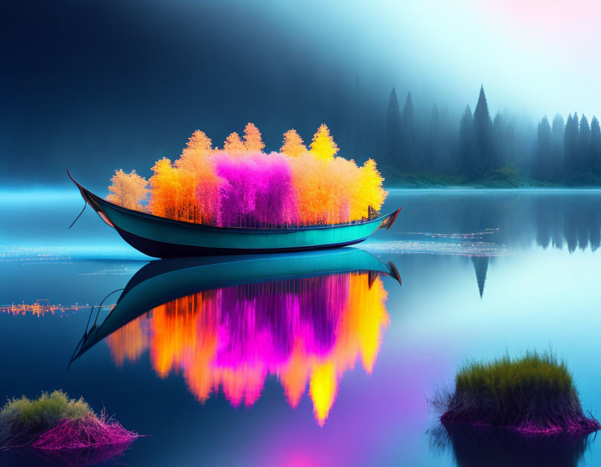 Colorful illuminated trees on sleek boats floating on calm lake with misty forest backdrop