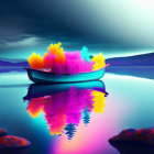 Colorful illuminated trees on sleek boats floating on calm lake with misty forest backdrop