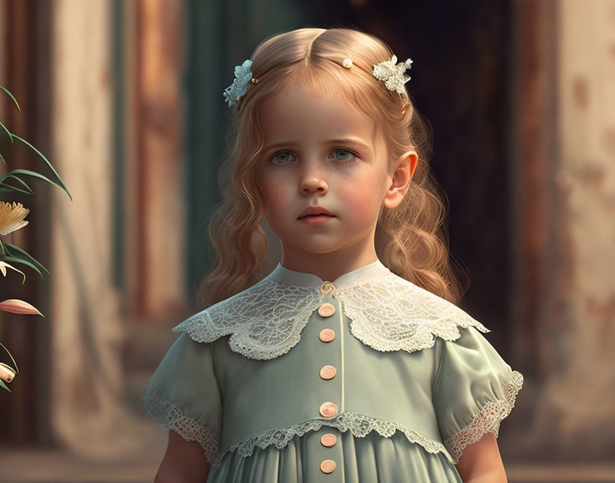 Young girl in vintage green dress with white floral hair accessories against old building.