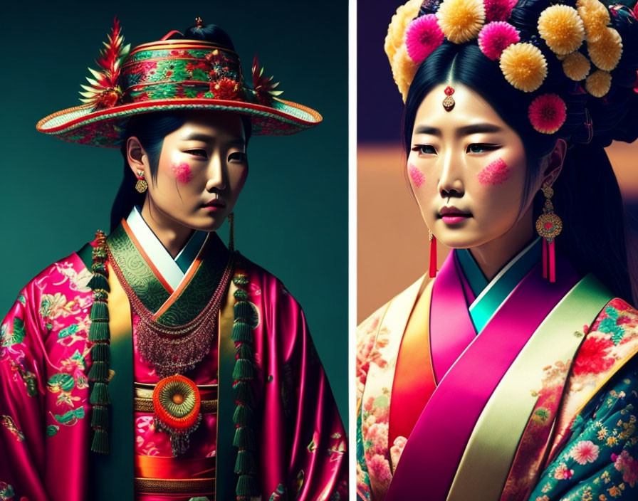 Traditional Korean Attire with Vibrant Colors and Elaborate Headpieces