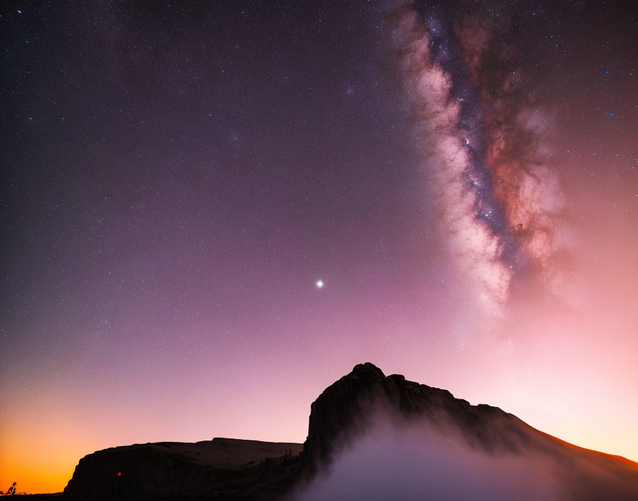 Twilight sky with Milky Way over mountain silhouette