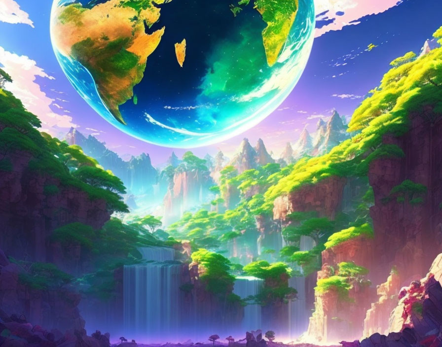 Scenic landscape with waterfalls, cliffs, trees, and large planet