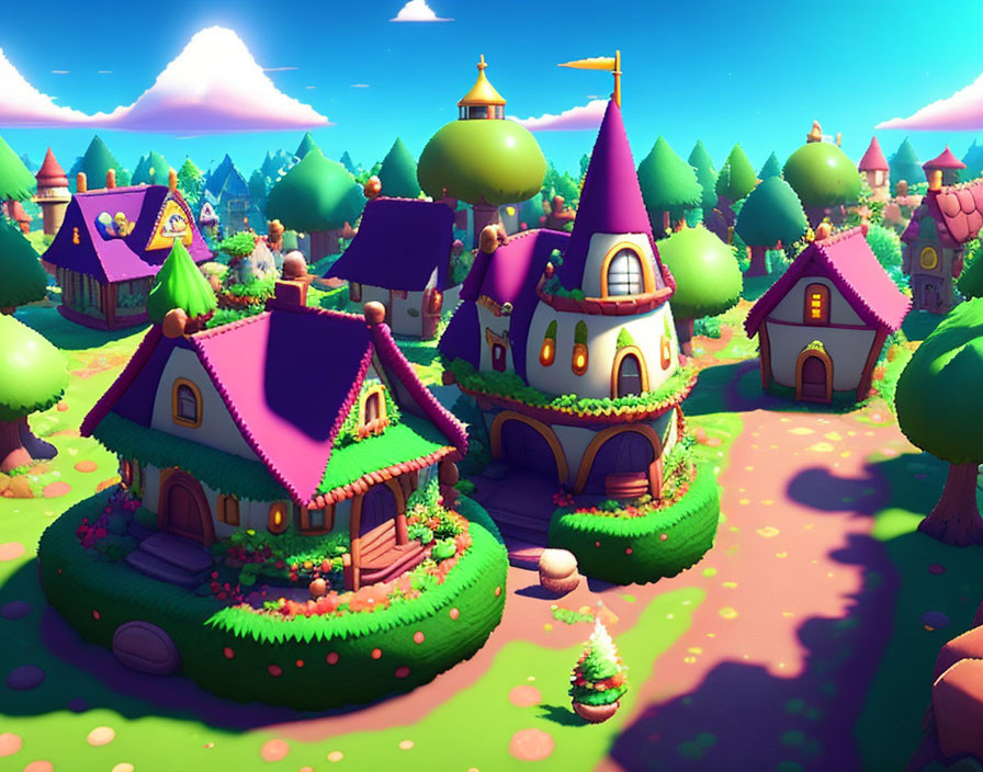 Fantasy Village with Whimsical Houses and Vibrant Greenery