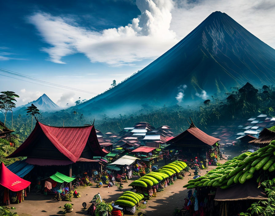 Colorful market at the foot of towering volcano with lush greenery and red-roofed buildings.