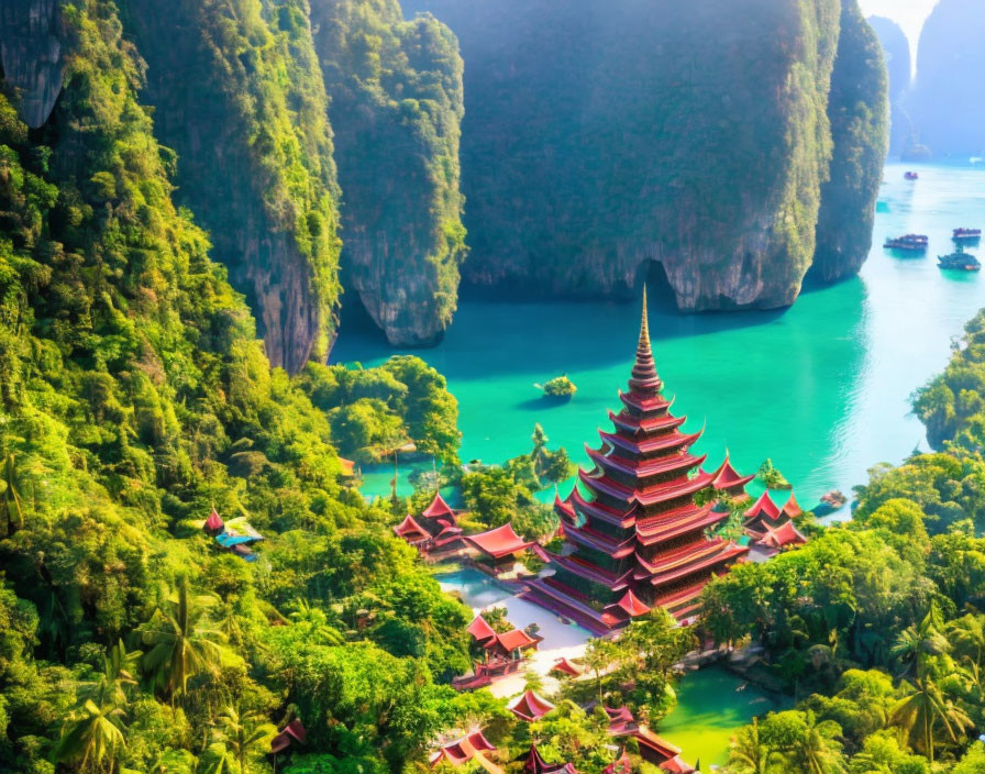 Red Tiered Pagoda Surrounded by Greenery and Karst Cliffs