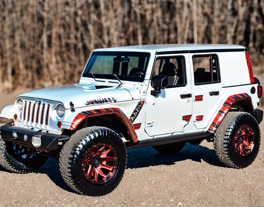 White Four-Door Jeep Scale Model with Black and Red Trim and Off-Road Wheels