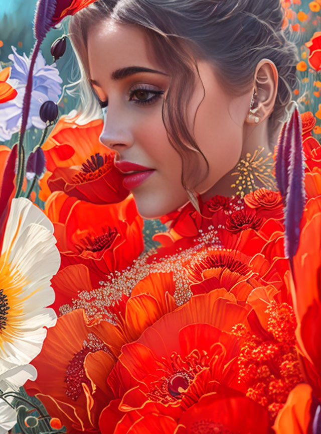 Woman Among Vibrant Red and Orange Flowers with Floral Overlay and Lush Greenery