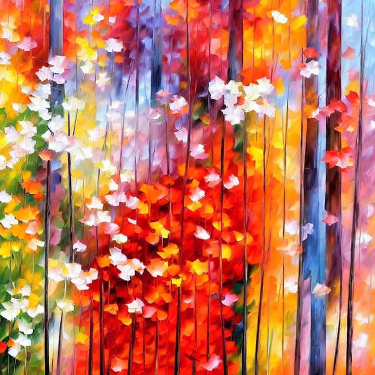 Colorful Impressionistic Forest Painting with Red, Orange, and White Flowers