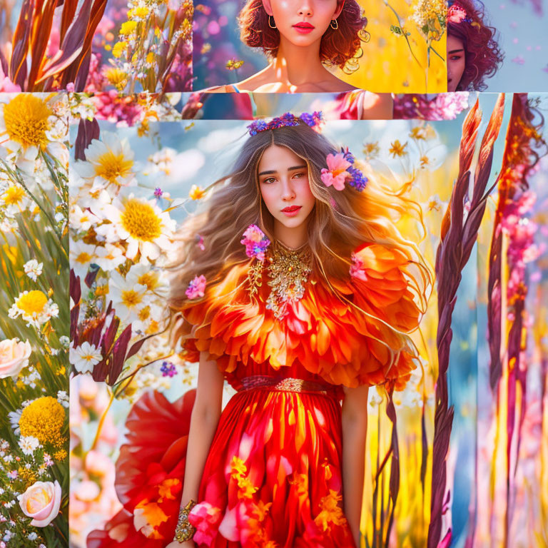 Woman in Red-Orange Dress Surrounded by Blooming Meadow