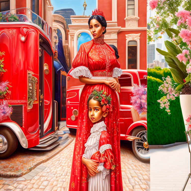 Woman and child in red attire between vintage cars on cobbled street with pink blossoms.