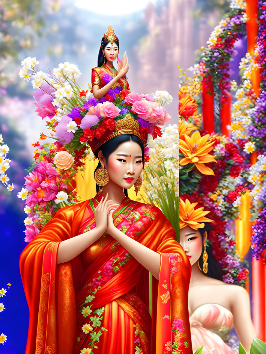 Colorful Asian woman in traditional attire surrounded by flowers and mountains