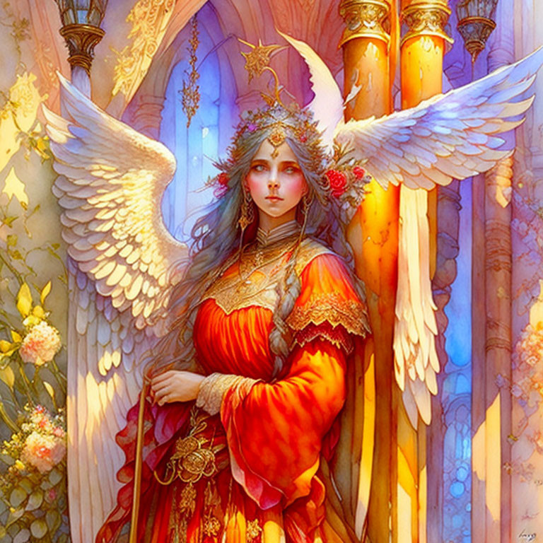 Ethereal angelic figure with white wings in red gown among golden pillars