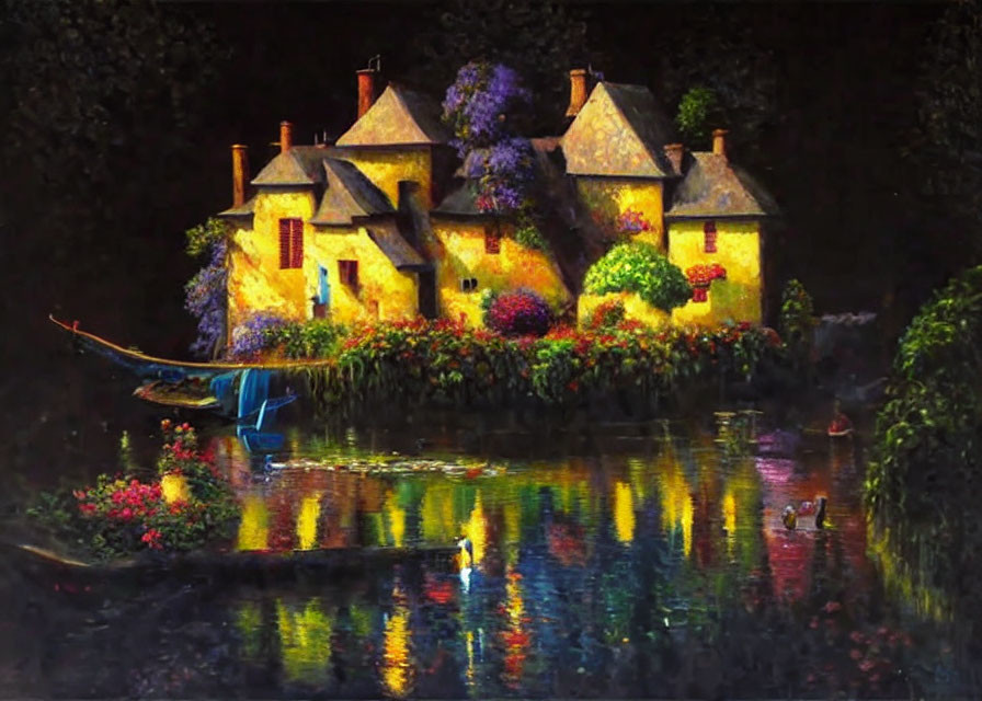 Tranquil night scene: cottages, river, boat, swans.