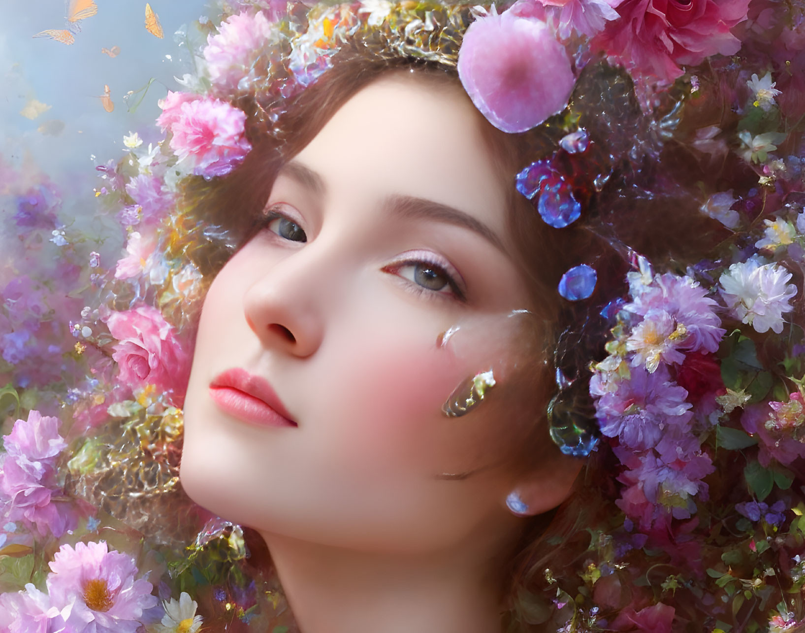 Woman with Pink Flower Wreath and Dewdrops in Dreamy Setting