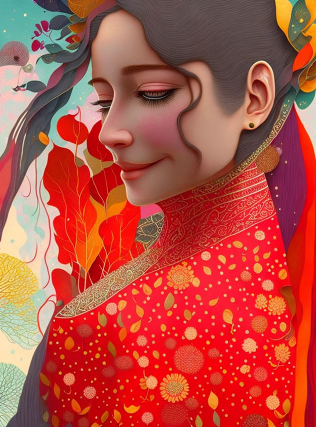 Colorful Illustration of Smiling Woman in Red Dress with Floral Patterns