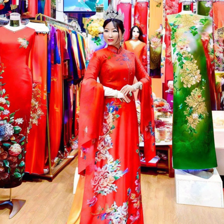 Traditional red dress with floral patterns displayed among colorful garments