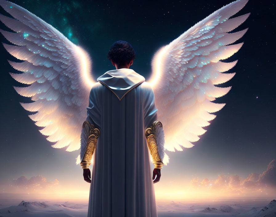 Digital artwork featuring person with white feathered wings against starry night sky and snowy mountains.