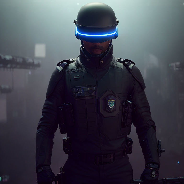 Futuristic armored person with glowing blue visor in urban setting