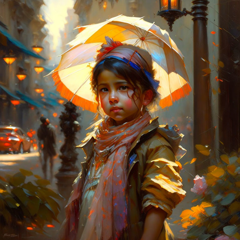 Young girl with colorful umbrella on rainy urban street.