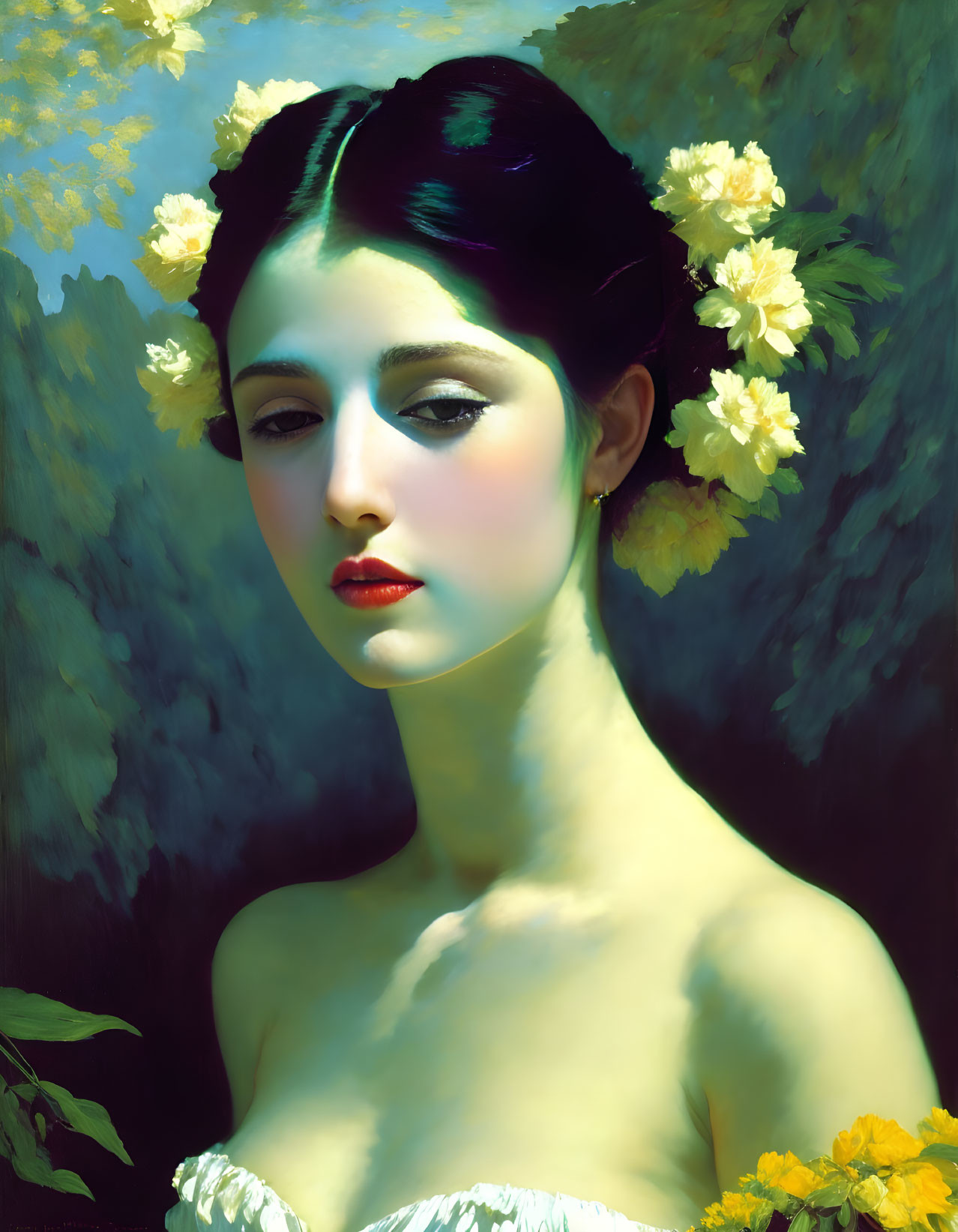 Portrait of Woman with Dark Hair and White Flowers, Serene Expression, Shaded Background