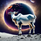 Goat on lunar surface with colorful planet and moon in cosmic sky