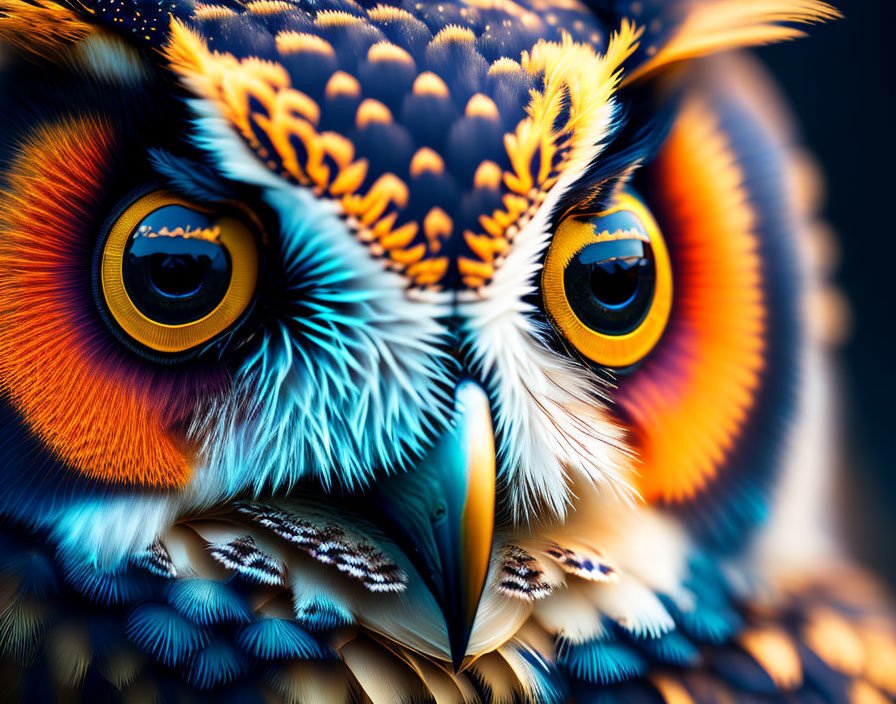 Vividly colored owl with striking yellow eyes and intricate feather patterns