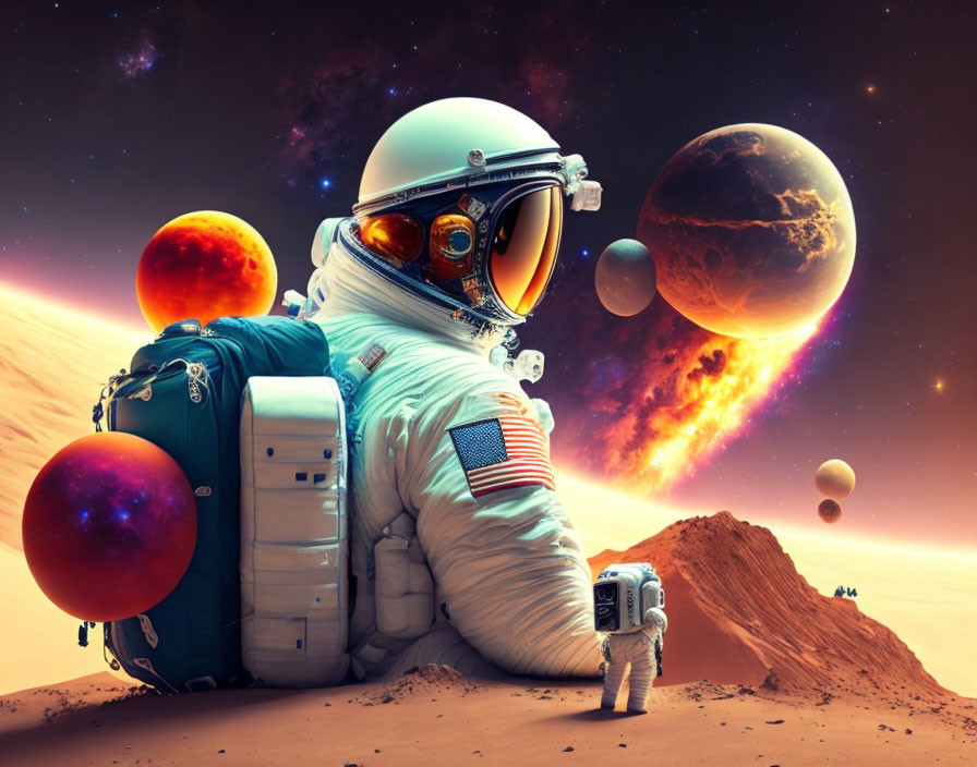 Astronaut in white space suit on rocky alien landscape with colorful planets and stars