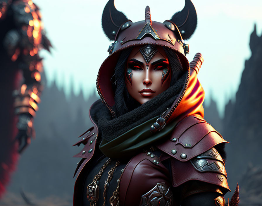 Fantasy female warrior digital art with horned helmet and intense gaze