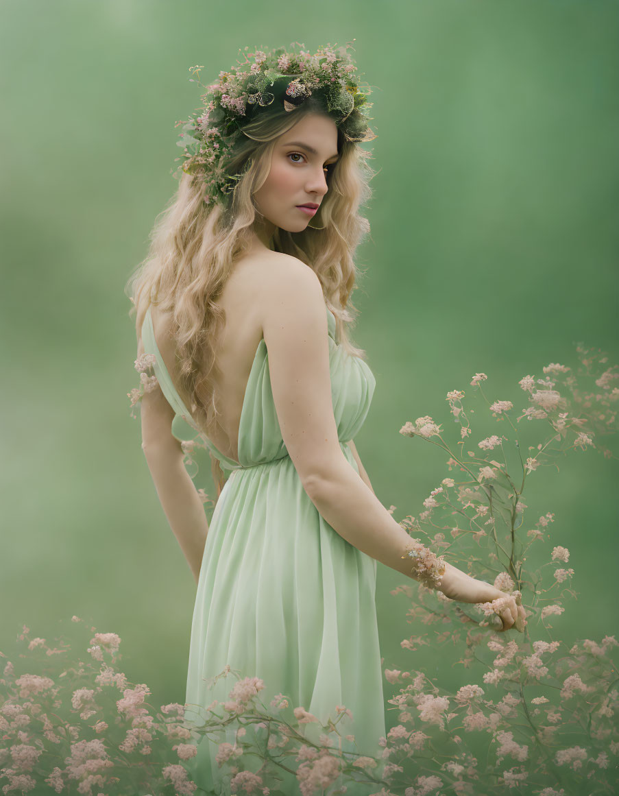 Woman in Green Dress and Floral Crown Among Pink Flowers