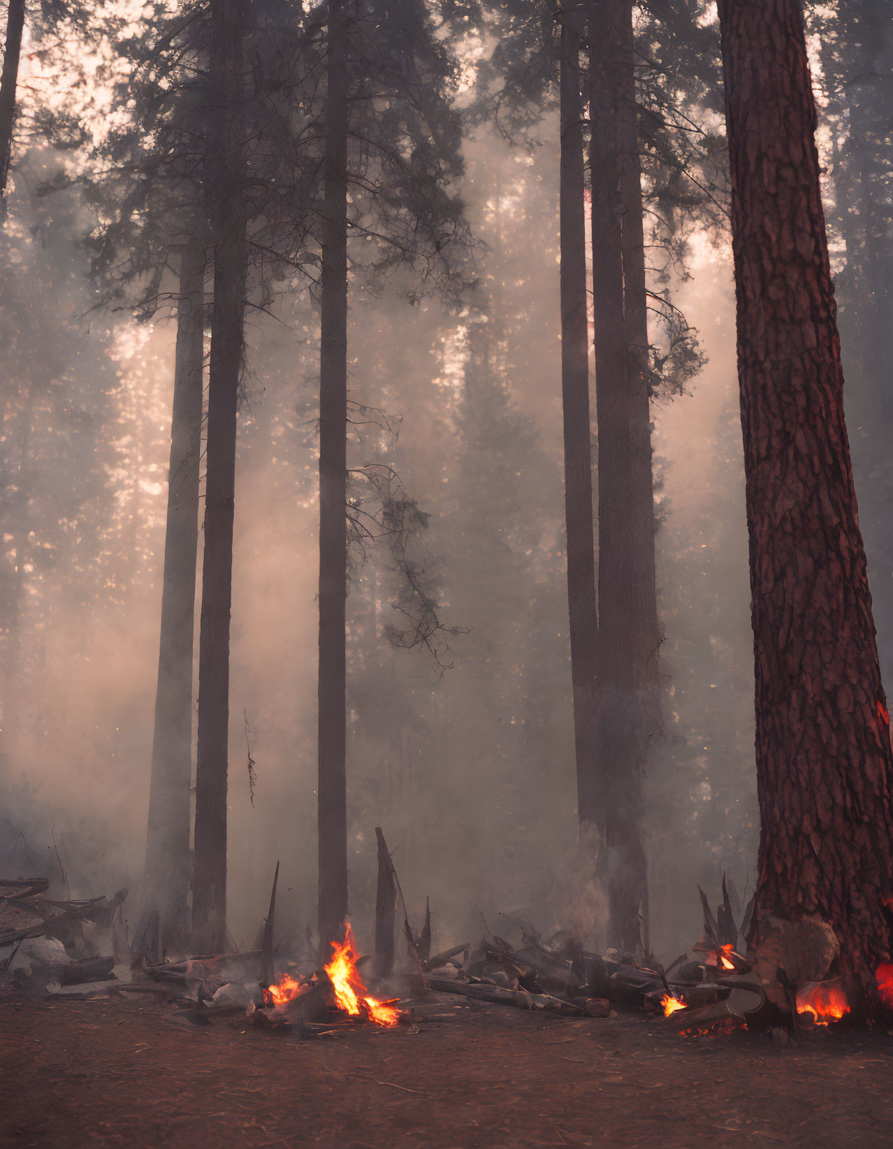 Misty forest scene with tall trees and ground fire