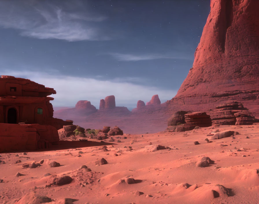 Surreal Martian landscape with red rocky terrain and towering buttes under starry sky.