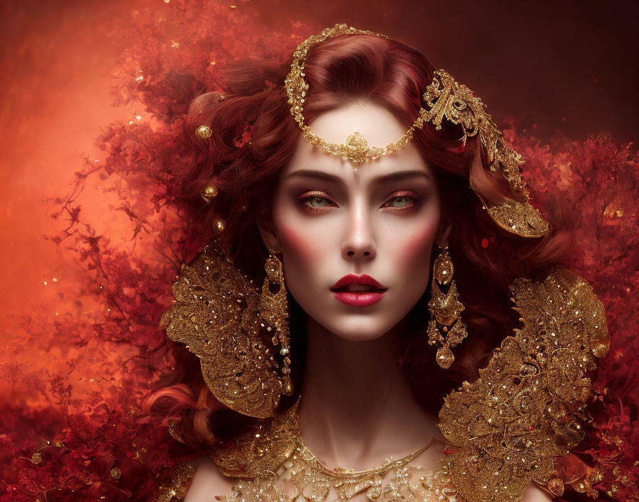 Red-haired woman adorned with gold jewelry in a regal fantasy setting.