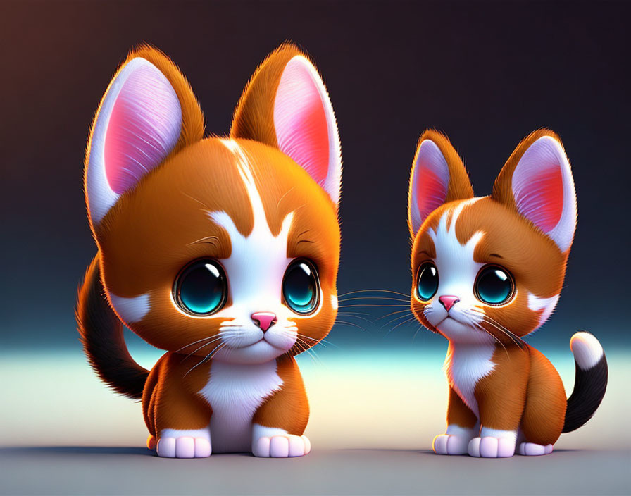 Illustrated kittens with oversized eyes in animated style, orange and white fur, soft-focused background