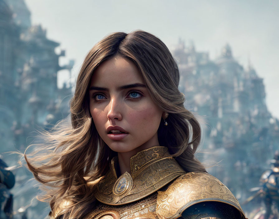 Blonde woman in golden armor with blue eyes in fantasy cityscape