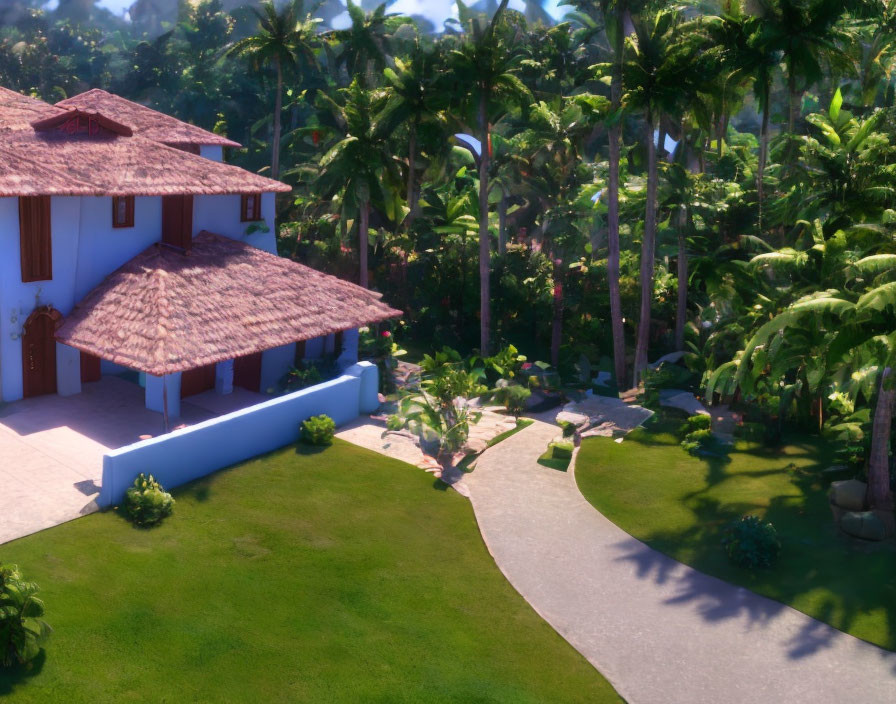 Tranquil Tropical Villa with Palm Trees and Winding Path