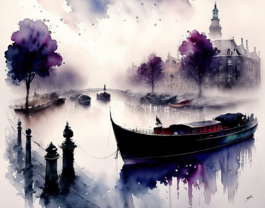 Serene riverside scene with boats, bridge, misty buildings, and ethereal trees in purple