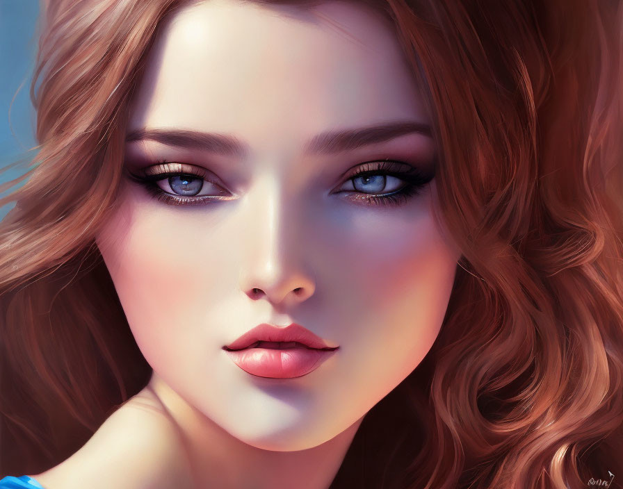 Detailed digital portrait of a woman with wavy brown hair and blue top