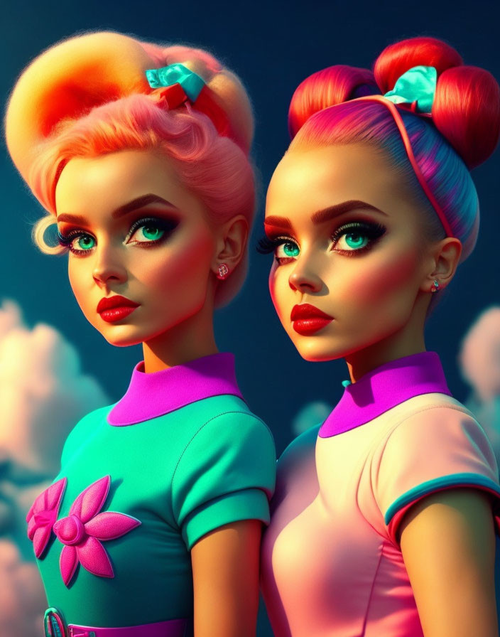 Stylized female figures with vibrant hair and makeup in colorful retro futuristic dresses on blue background