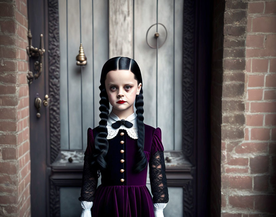 Young girl with pale skin and dark hair in braids wearing vintage purple dress by ornate door